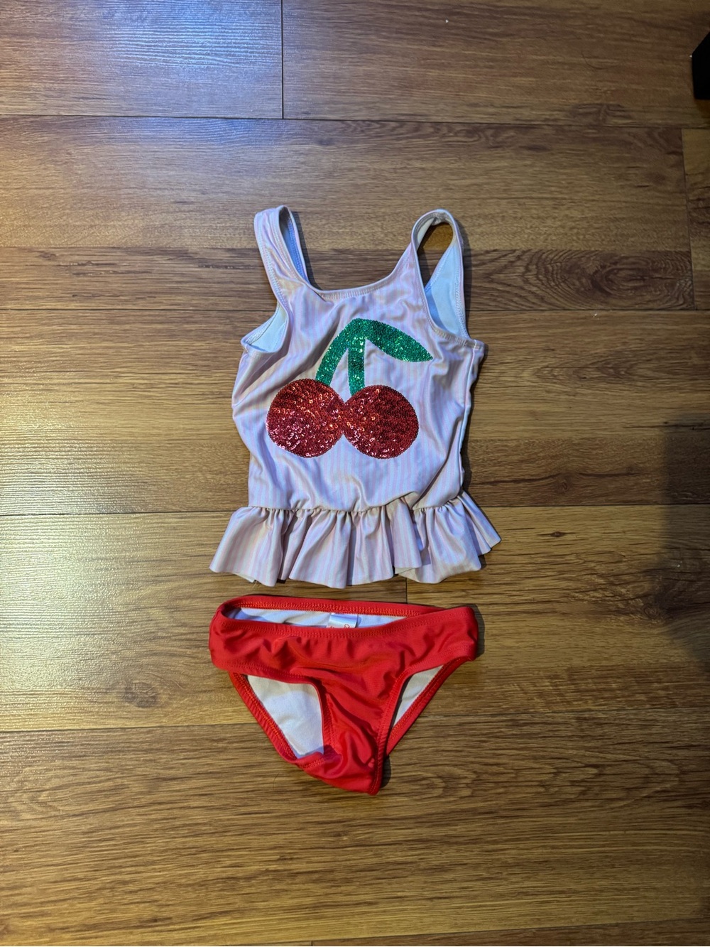 Cat & Jack Pink Ruffle Tankini with Red Sequin Cherry